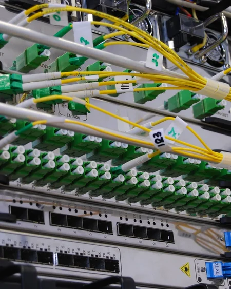 Illustrative image: fibre connections on network equipment